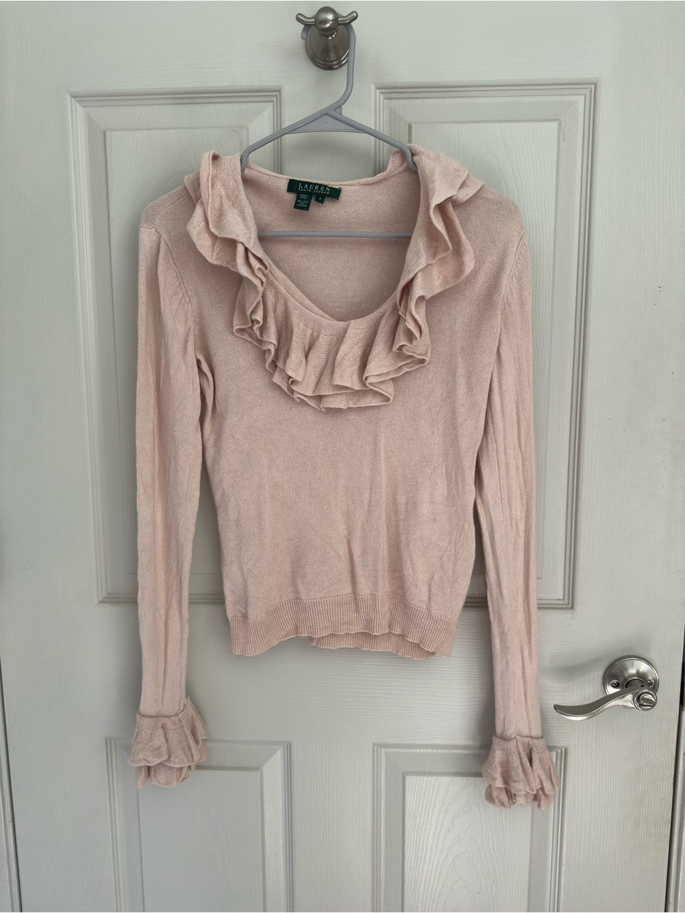 Ralph Lauren Soft Pink Ruffle Scoop Neck Sweater